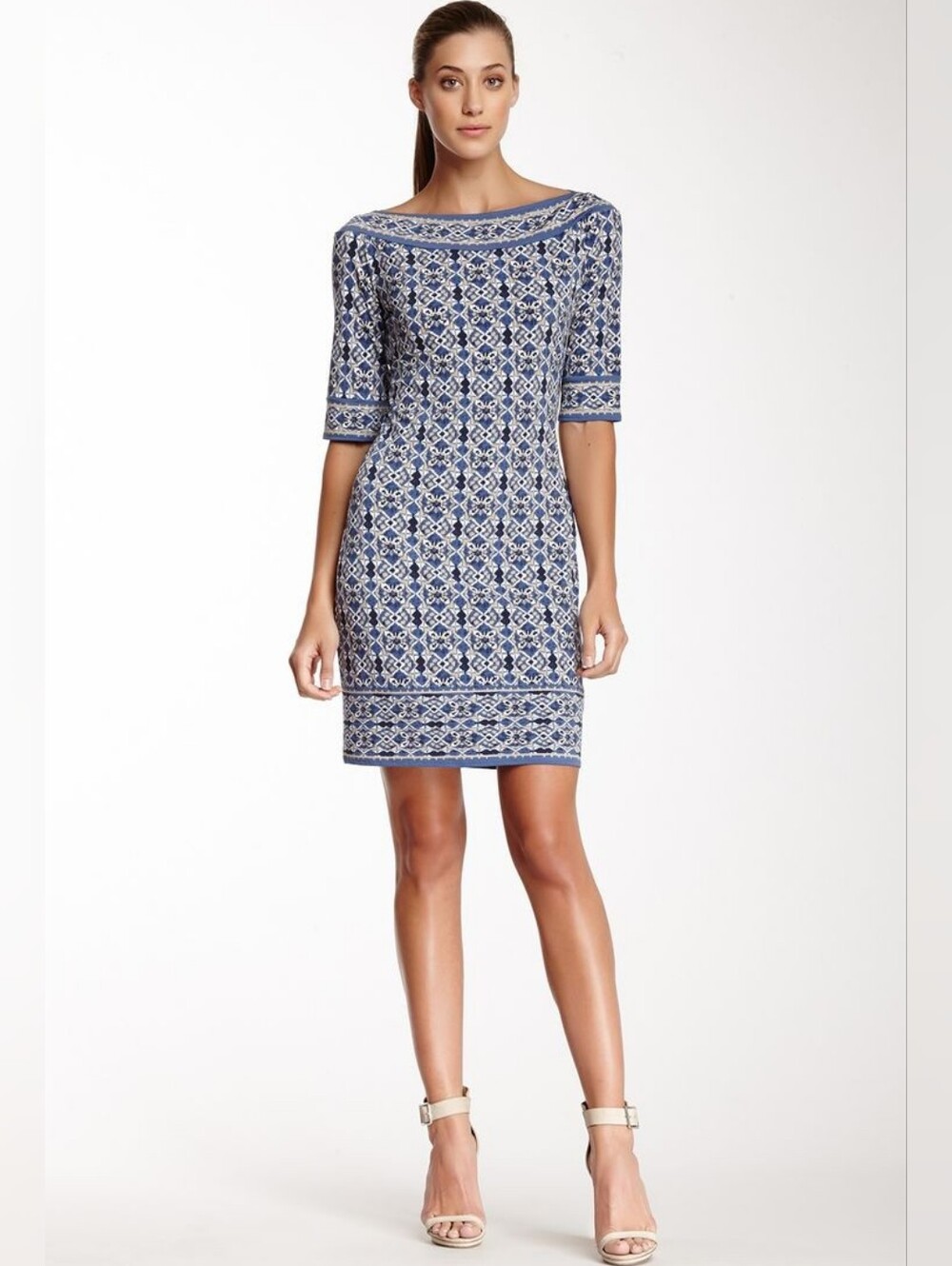 Max Studio Blue Patterned Boatneck Sheath Dress Size Small